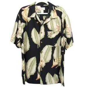 Boca Classics Black Floral Leaf 100% Silk Hawaiian Camp Shirt Size L Tropical